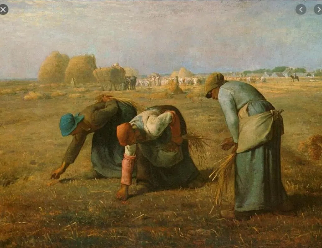Pintura de Millet, As Respigadeiras: três camponesas curvadas recolhem espigas no campo colhido