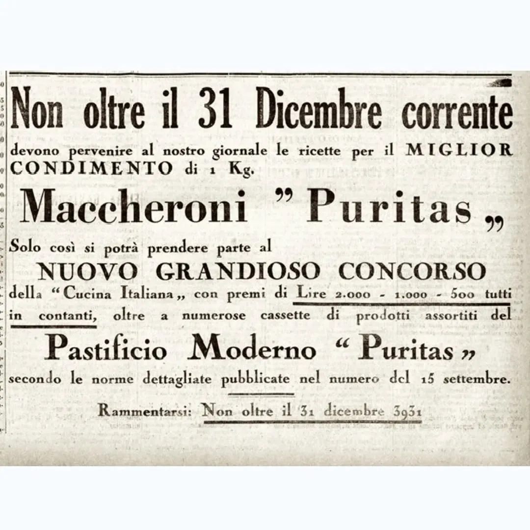 Anúncio de jornal de 1931 do concurso de molhos para o macarrão Puritas