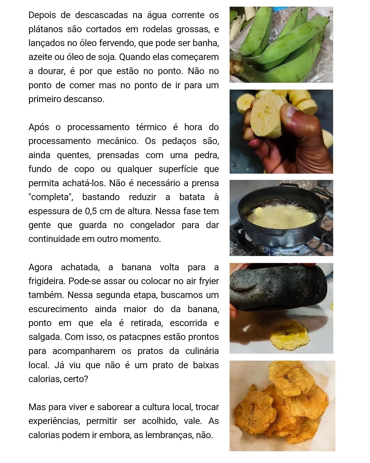Lâmina 3 do carrossel, com fotos do preparo: plátanos verdes descascados, fatias fritando, achatadas com pedra e prontas
