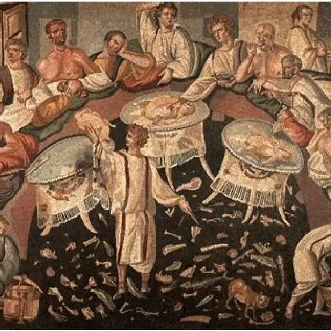 Mosaico de um banquete romano com convivas reclinados e mesas cheias de comida