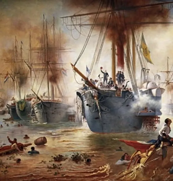 Pintura da Batalha Naval do Riachuelo, com navios em combate e fumaça