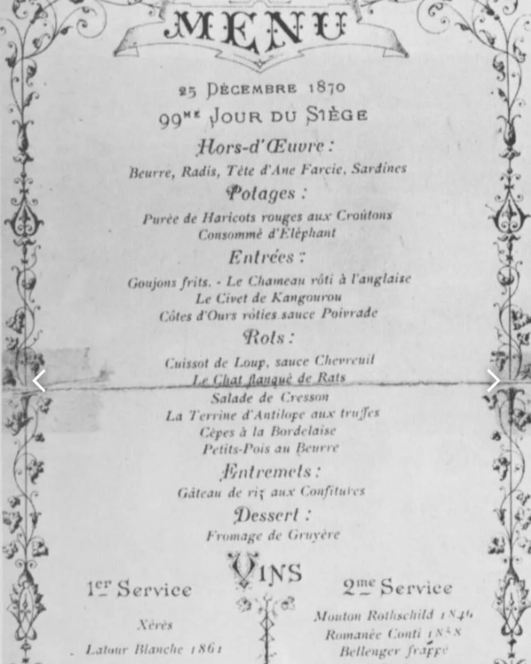 Cardápio de Natal de 1870, 99º dia do cerco de Paris, com consomê de elefante, camelo e gato