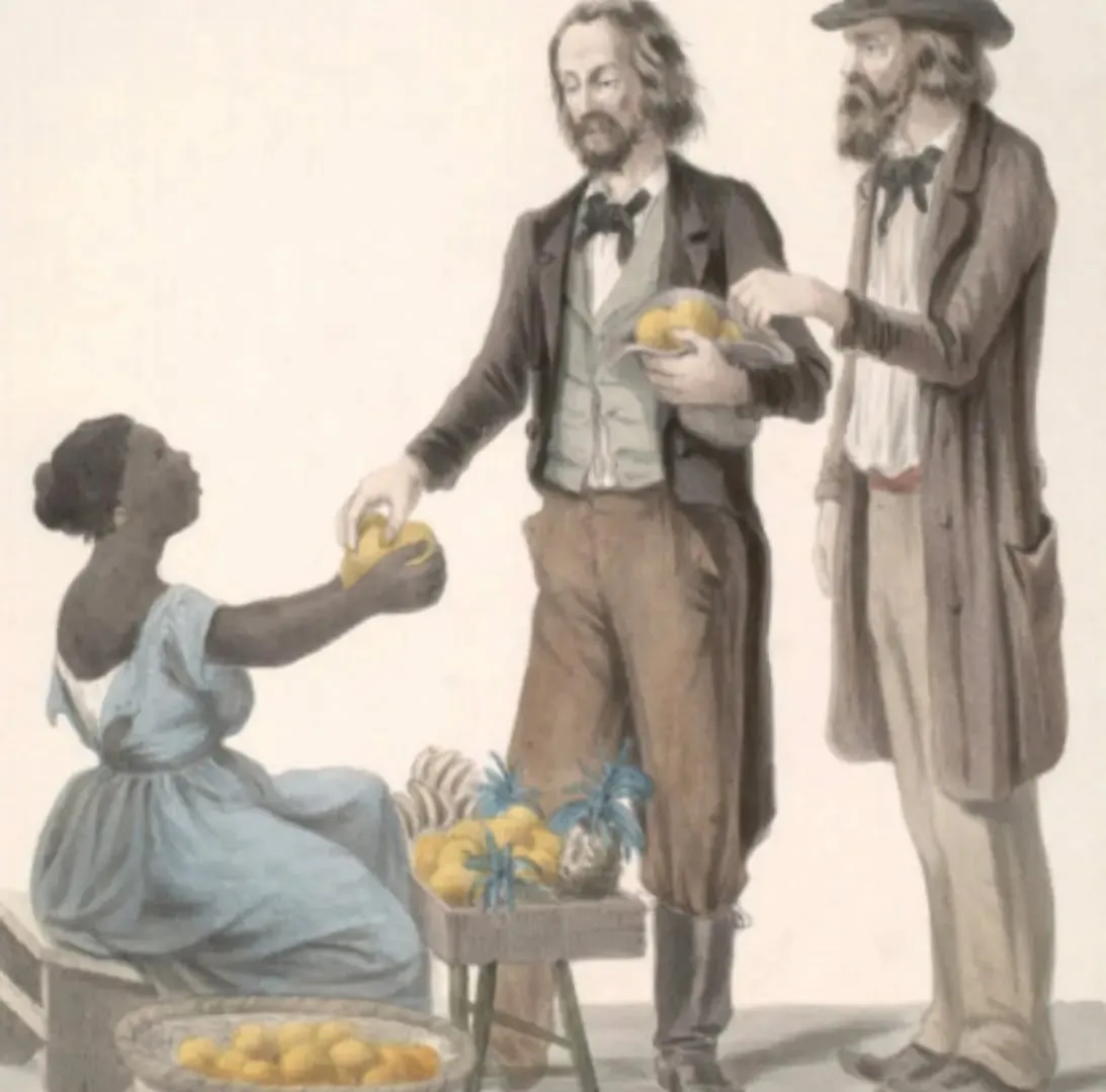 Gravura colorida de dois homens comprando frutas cítricas de uma vendedora negra