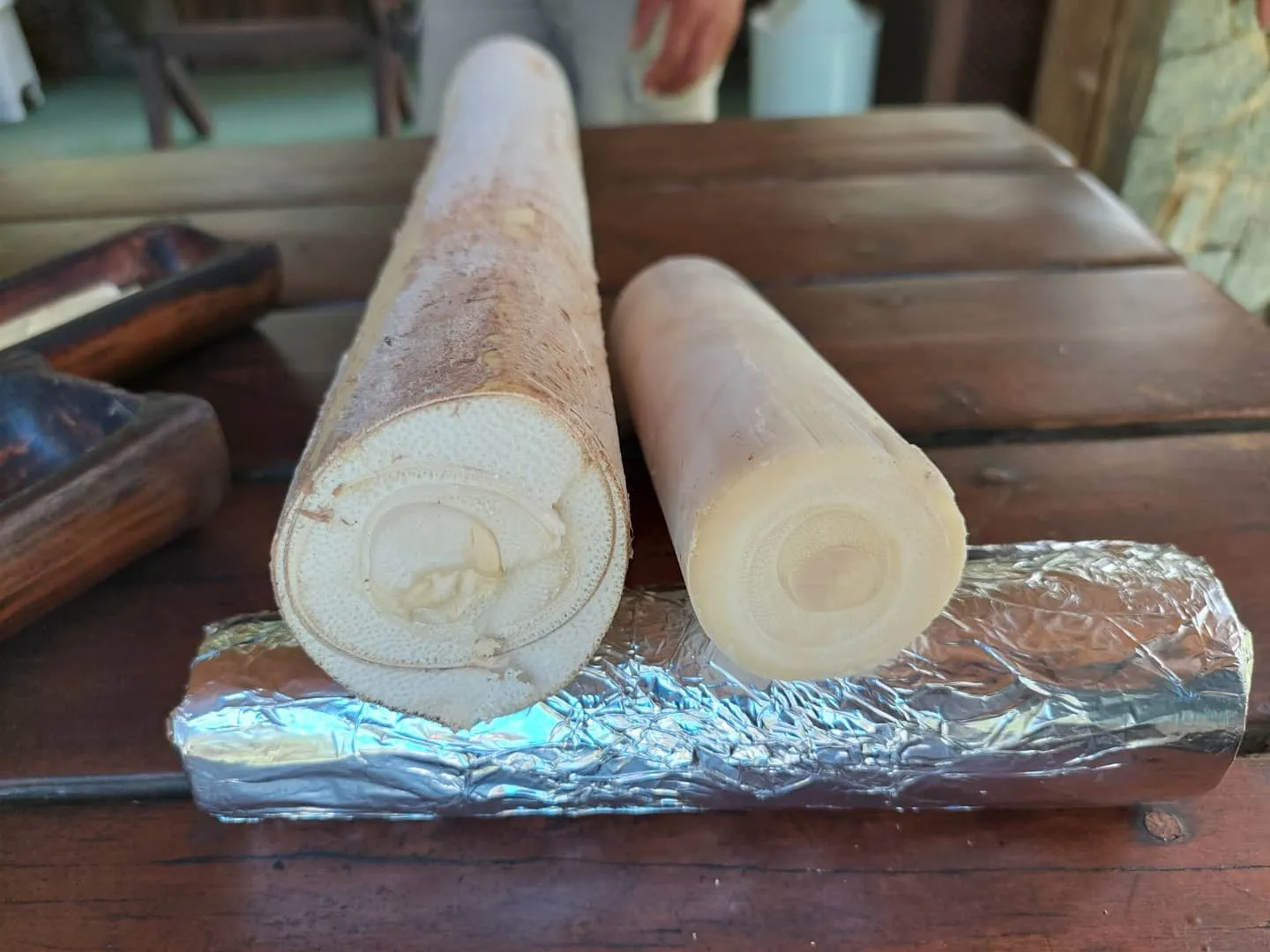 Dois troncos de palmito cortados em pé, sobre um rolo embrulhado em papel-alumínio