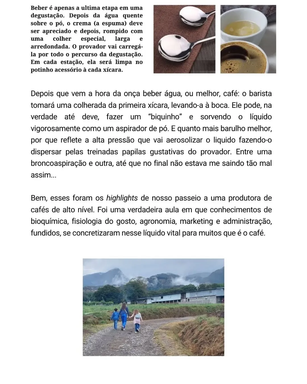 Lâmina 5 do carrossel, com colheres e xícaras da degustação e pessoas caminhando no cafezal